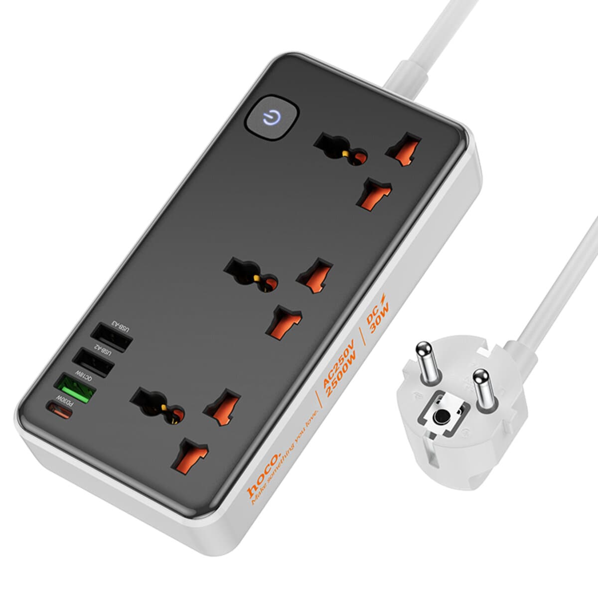 Мережевий подовжувач HOCO AC8A Storm 3 розетки 3xUSB 1xType-C PD 30W 1C3A 1.5м Black
