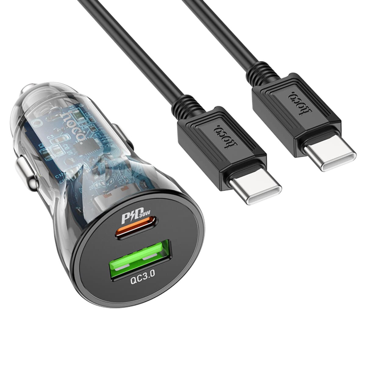 Автомобильное зарядное устройство HOCO Z47A Transparent Discovery Edition Dual port PD30W+QC3.0 Car charger set Type-C to Type-C cable Transparent Black
