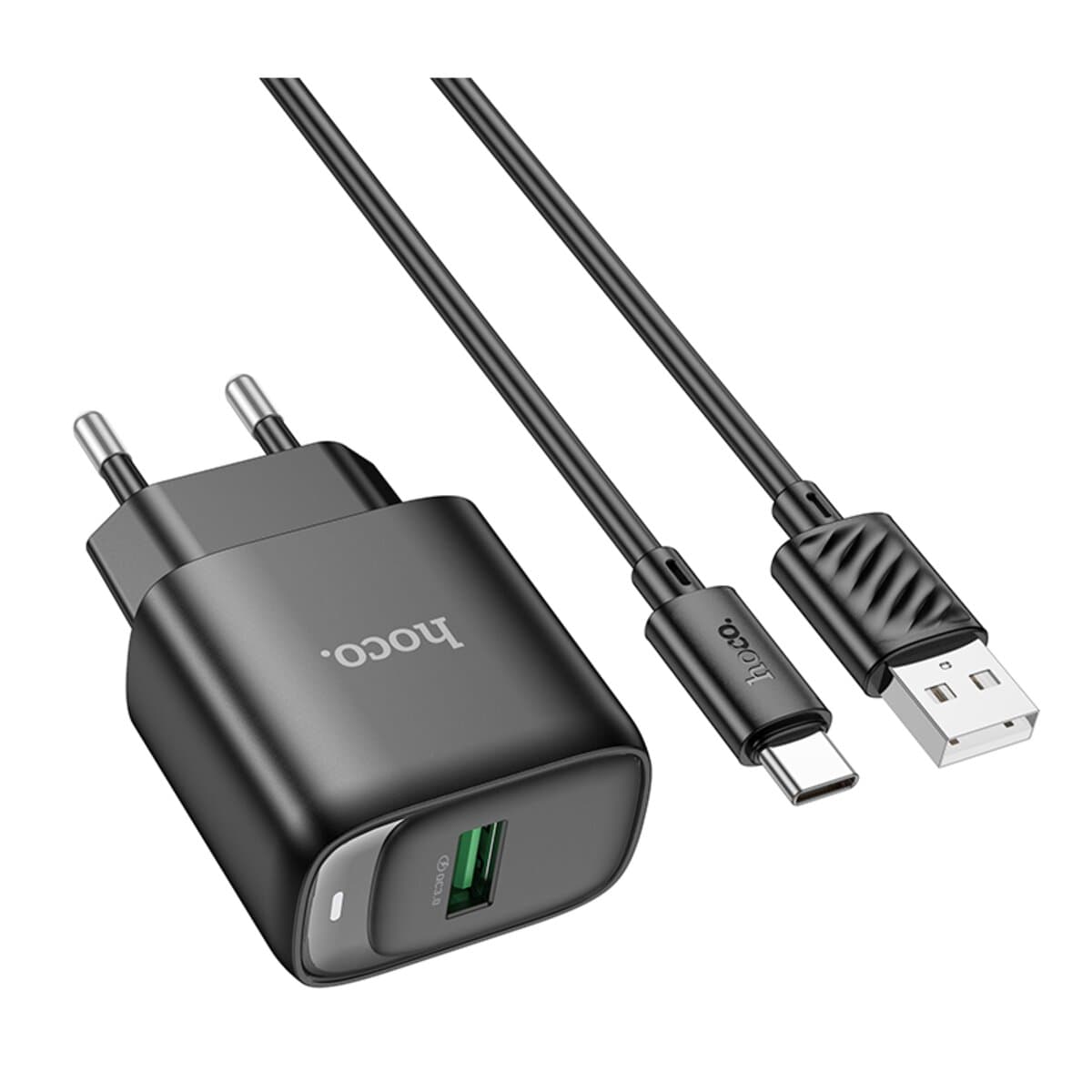 Зарядное устройство Hoco C140A Smart single port QC3.0 charger set USB to Type-C cable EU Black