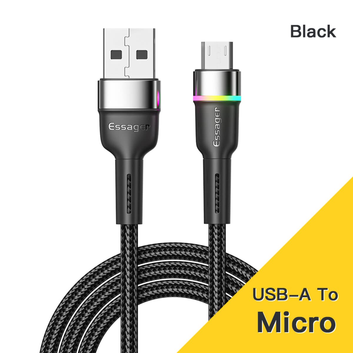 Кабель Essager Colorful LED USB to Micro-USB Cable Fast Charging 2.4A 2m Black (EXCM-XCDA01)