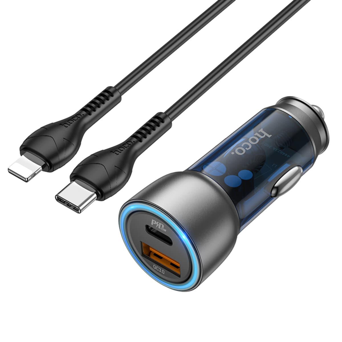 Автомобильное зарядное устройство HOCO NZ8 Sprinter 43W dual port PD25W+QC3.0 car charger set Type-C to Lightning cable Blue