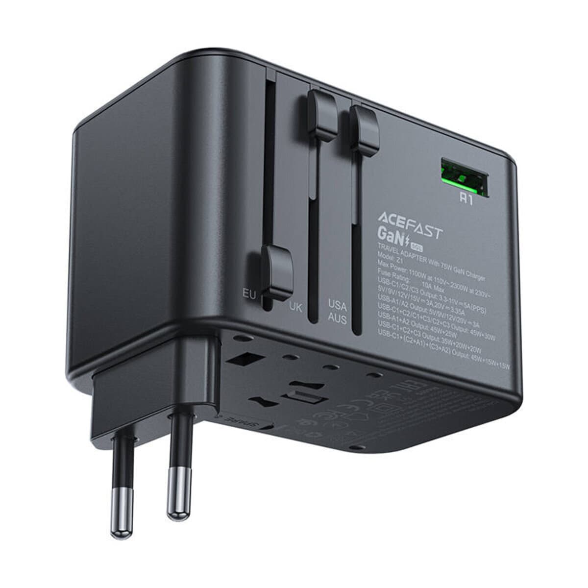 Універсальний зарядний пристрій ACEFAST Z1 PD75W GaN 3xType-C+2xUSB multifunctional charging adapter Black (AFZ1)