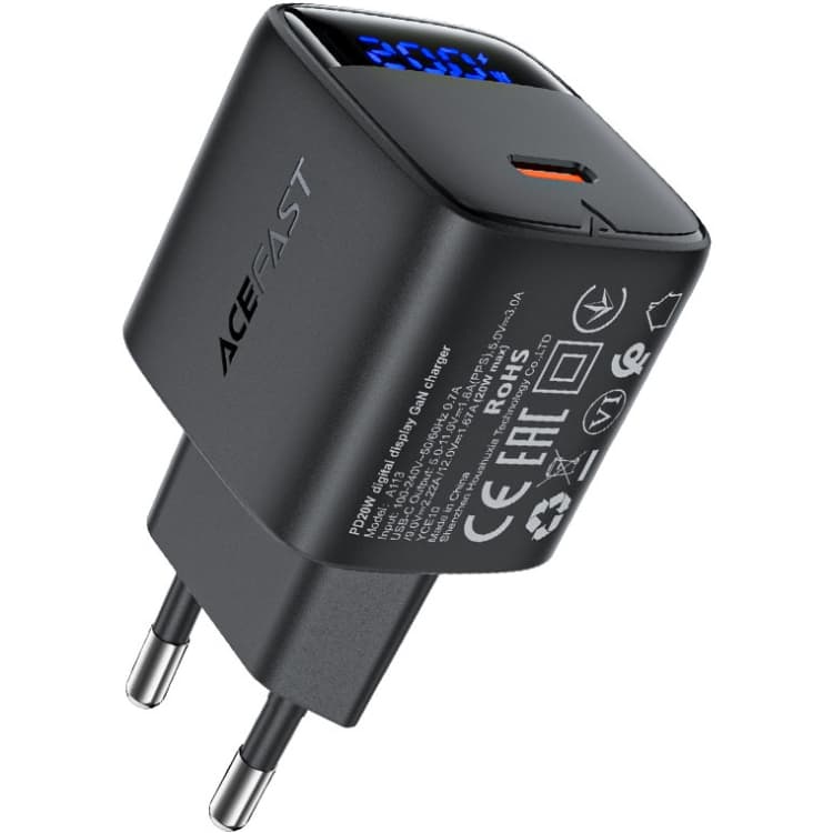 Зарядний пристрій Acefast A113 1xType-C 20W 3A Gan Fast Charger with digital display Black