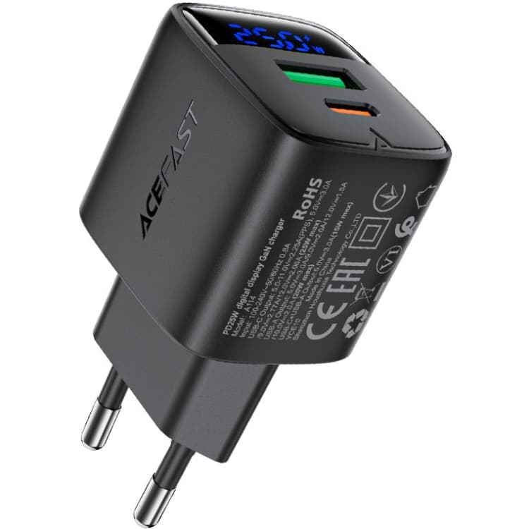 Зарядний пристрій Acefast A114 25W 3A Type-C+USB with digital display Gan Black