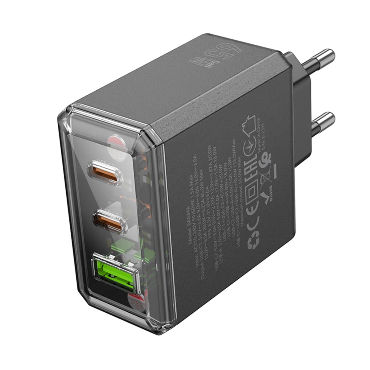 Зарядний пристрій BOROFONE BAS34A Treasure PD65W 2xType-C 1xUSB charger EU Black