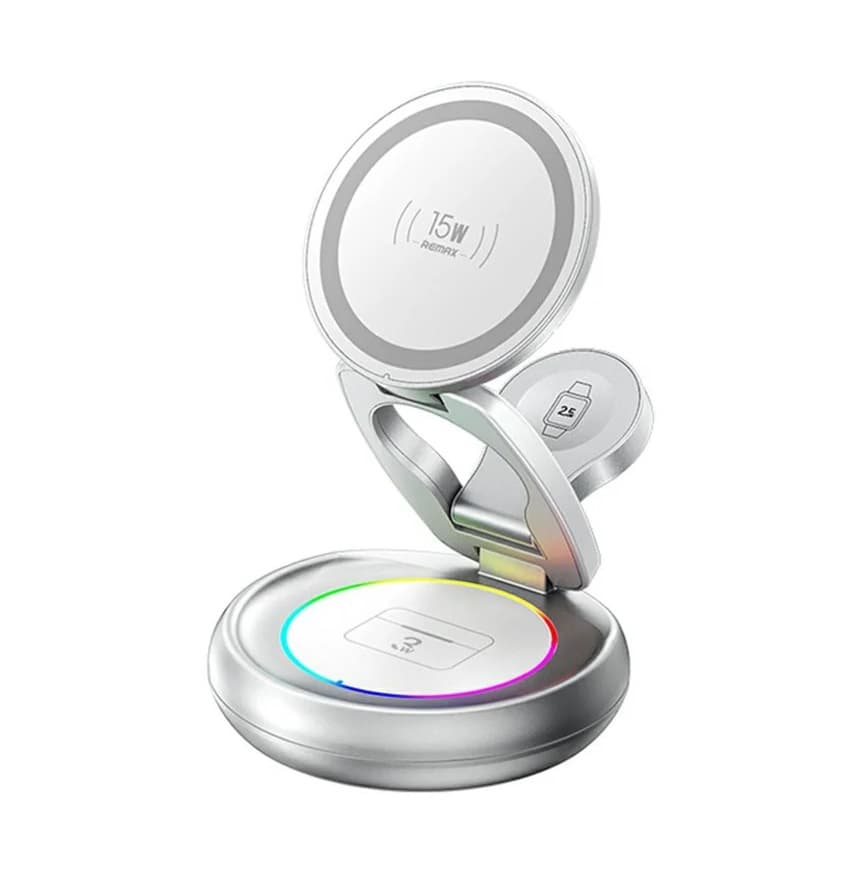 Бездротовий зарядний пристрій REMAX CW05 20.5W Upgrade free metal foldable rotatable magnetic 3in1 Wireless Charger Silver