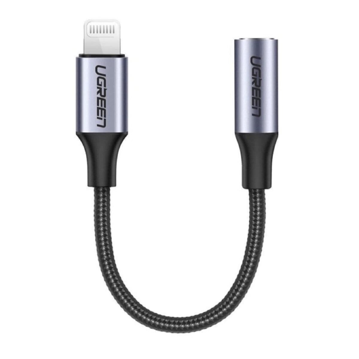 Переходник UGREEN US211 Lightning to 3.5 AUX Round Cable Aluminum Shell with Braided 10cm Black UGR-30756)