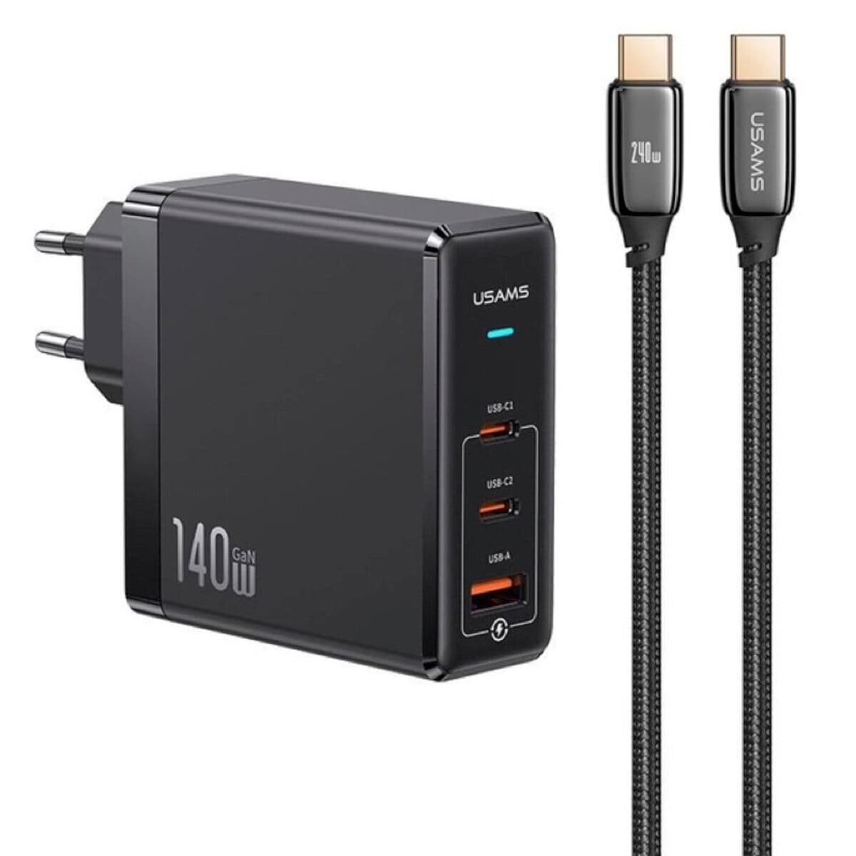 Зарядное устройство Usams US-UM Fast Charger Kit UM Series US-CC168 EU T52 140 W ACC GaN Fast Charger+US-SJ581 U82 Type-C To Type-C 240W PD3 Black (UMXLOGTC01)