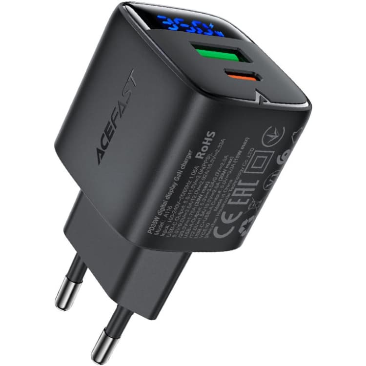 Зарядний пристрій Acefast A11 35W 3A Type-C+USB with digital display Gan Black