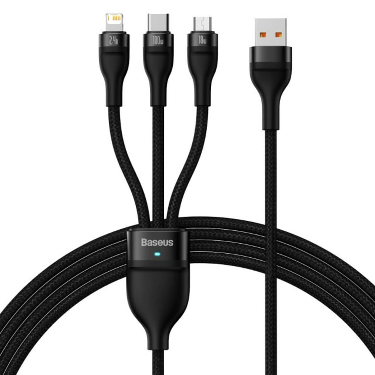 Кабель Baseus Flash Series 2 One-for-three Fast Charging Data Cable USB to Type-C+Lightnin+Micro-USB 100W 1.2m Black (CASS030001)