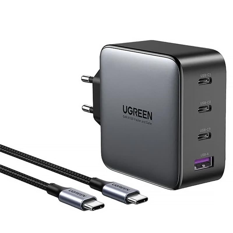 Зарядний пристрій Ugreen CD226 100W GaN 3хType-C 1xUSB Type-C to Type-C cable 1.5 м Grey (90575)