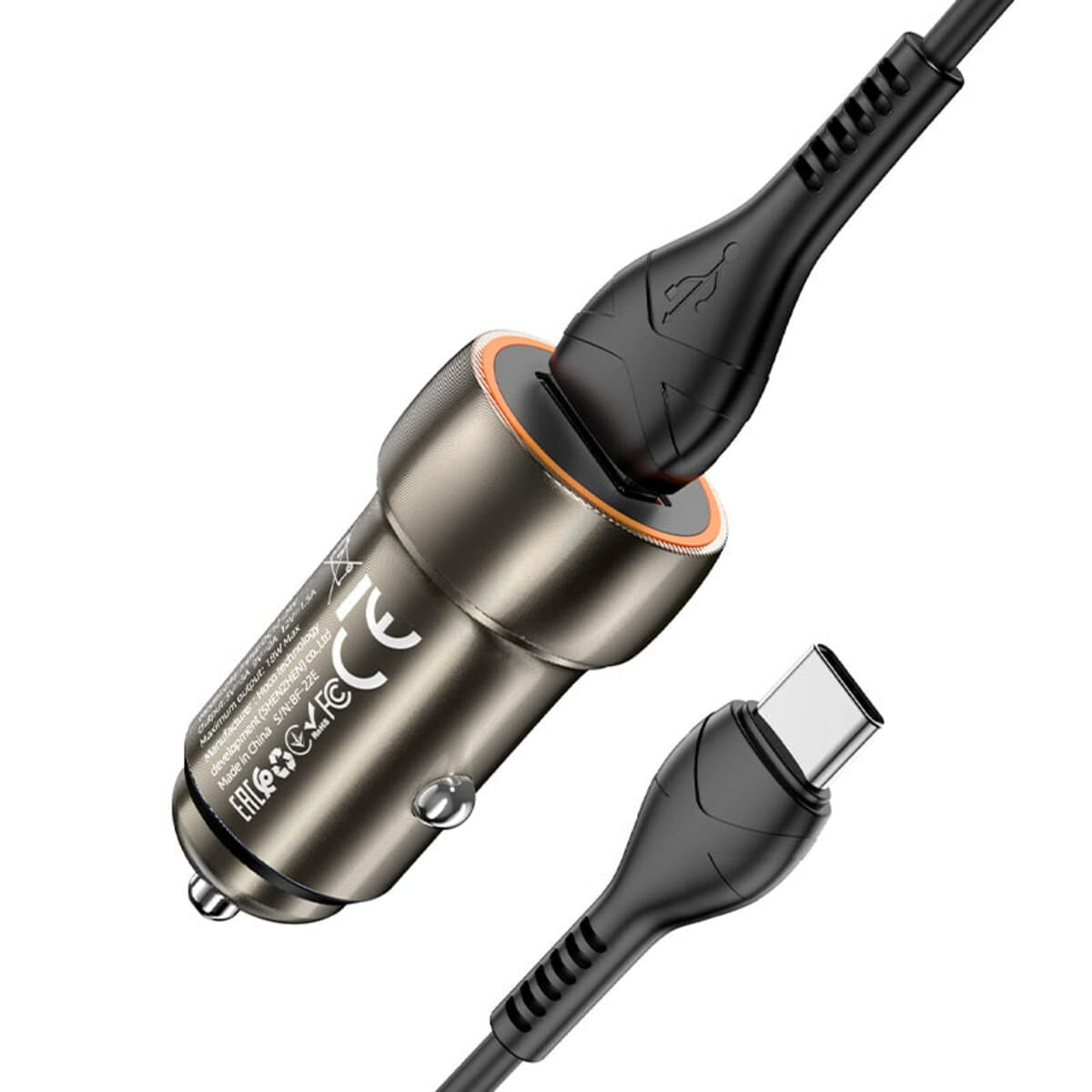 Автомобильное зарядное устройство HOCO Z46 Blue shield single port QC3.0 18W USB to Type-C cable Metal Grey