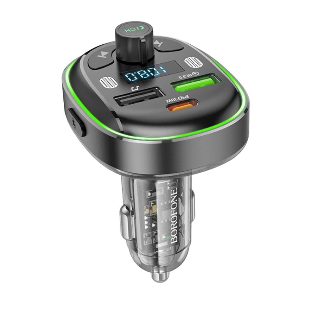 Автомобильный FM-трансмиттер BOROFONE BC47 Might PD30W QC3.0 car BT FM transmitter Jazz Metal Gray