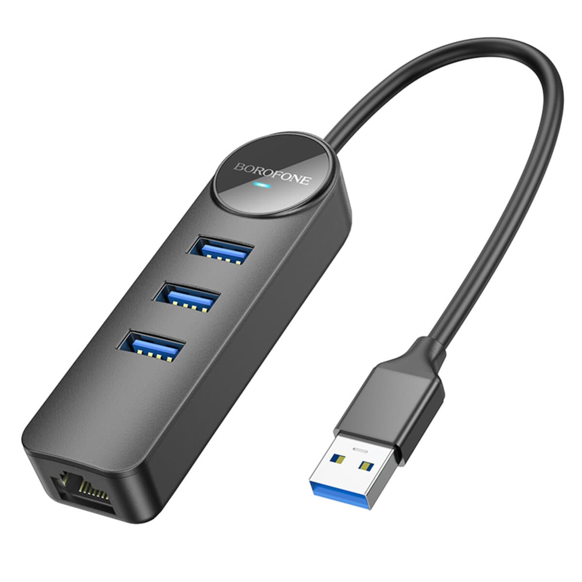 USB-Хаб Borofone DH6 Erudite 4-in-1 Gigabit Ethernet Adapter USB to USB3.0x3+RJ45 20см Black