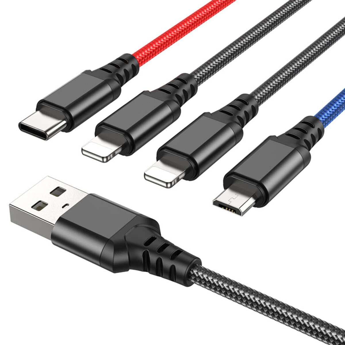 Кабель HOCO X76 USB to 2xLightning+Type-C+Micro-USB 2A 1m nylon aluminum connectors Black+Red+Blue