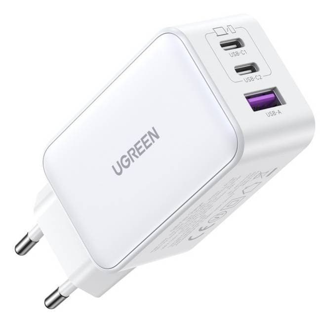 Зарядний пристрій адаптер Ugreen CD244 3xUSB 65W GaN 2хUSB-C+USB-A White (15334)