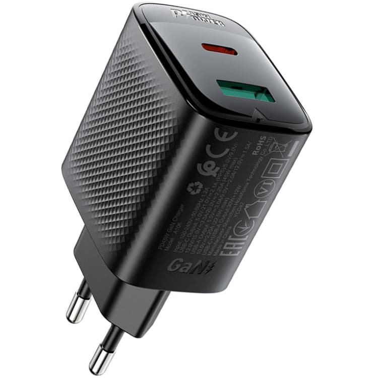 Зарядний пристрій Acefast A106 2xUSB 45W Type-C+USB Gan 3A Black