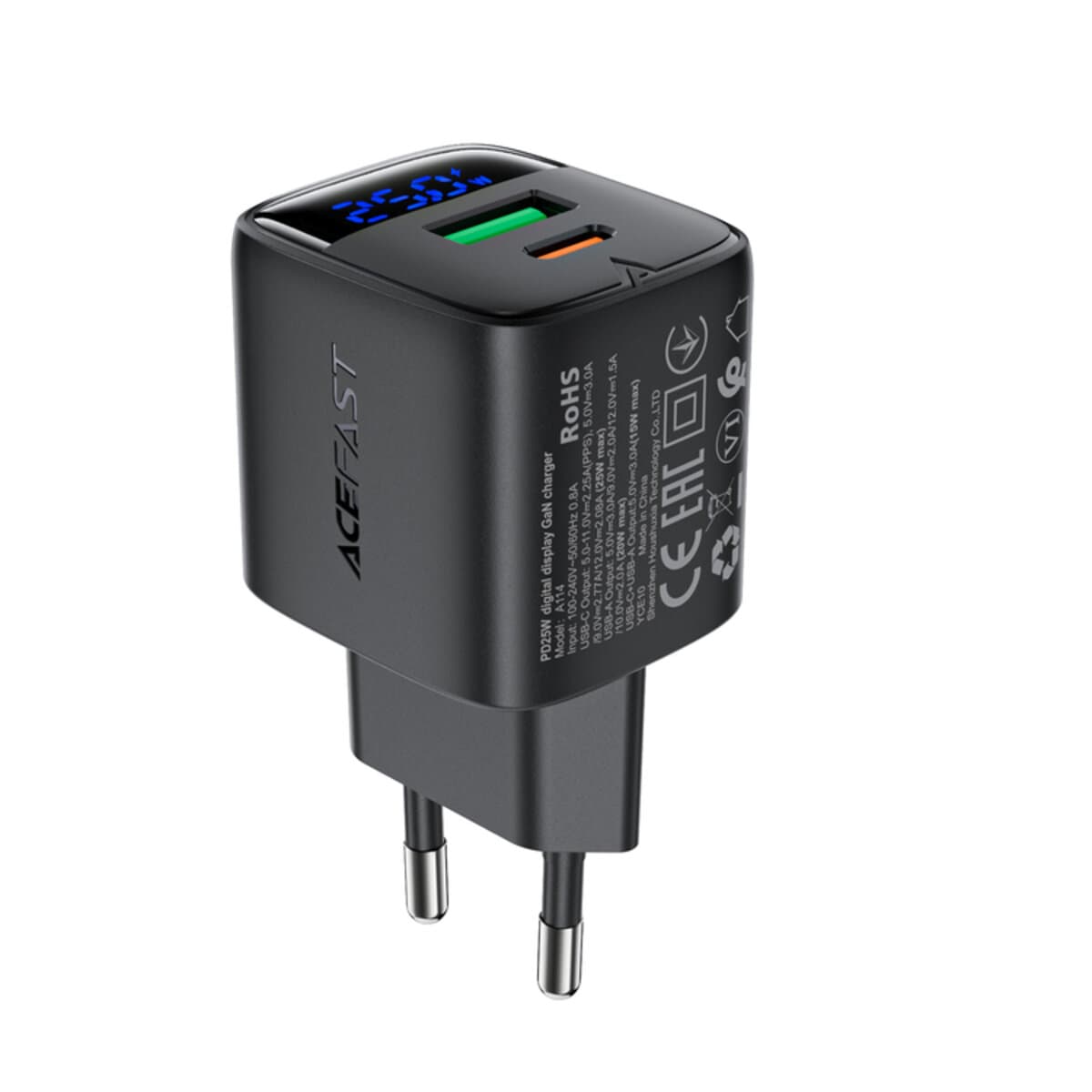 Зарядное устройство ACEFAST A114 PD25W GaN charger USB+Type-C with digital display Black