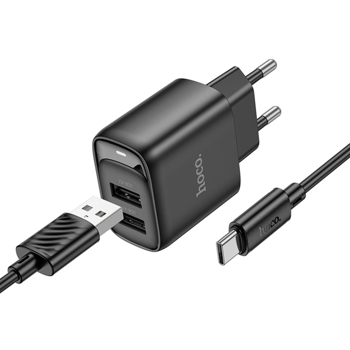 Зарядний пристрій з кабелем HOCO C141A Smart dual-port charger set USB to Type-C 2.1A Black