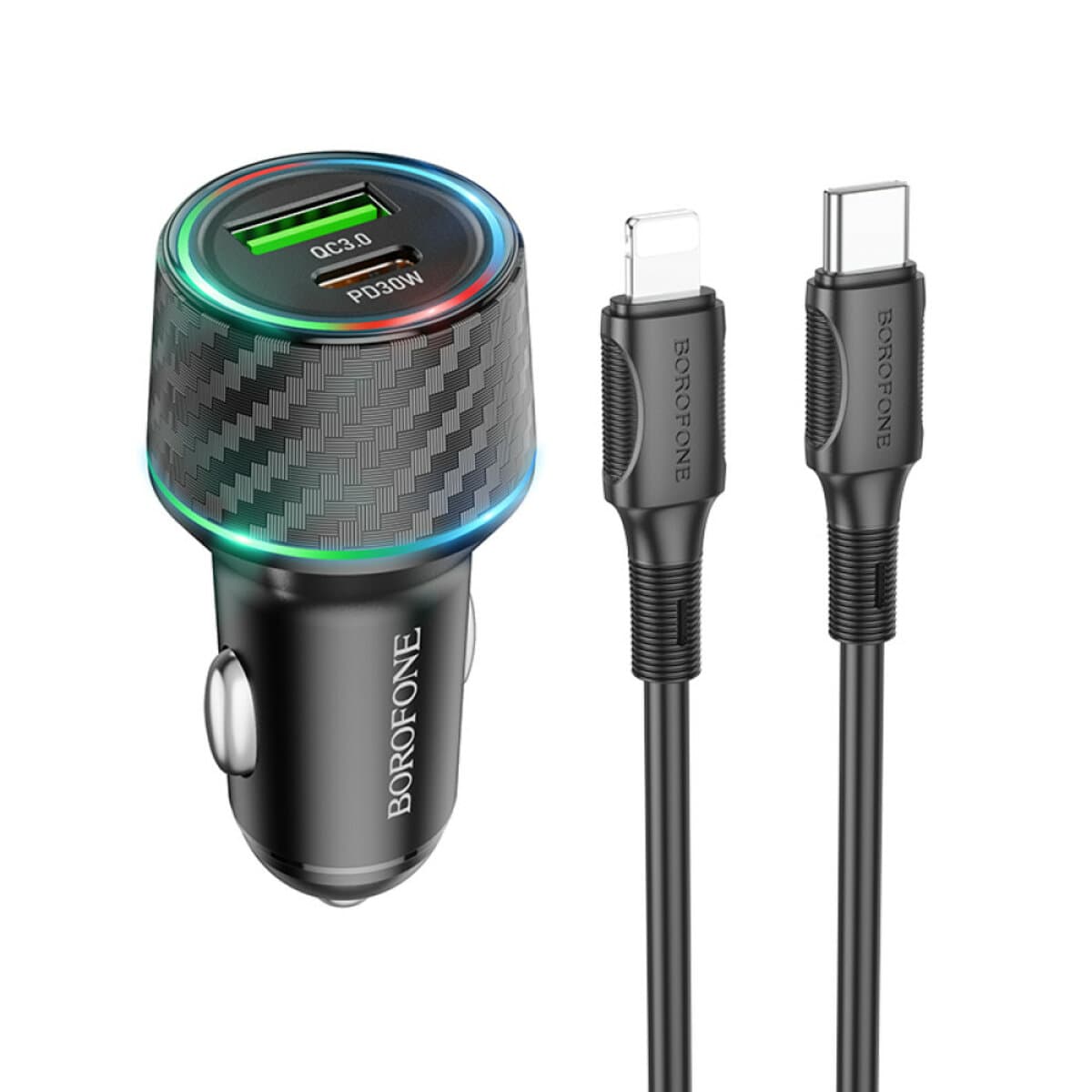 Автомобильное зарядное устройство BOROFONE BZ21 Brilliant 48W dual port PD30W+QC3.0 car charger set Type-C to Lightning cable Black (BZ21CLB)