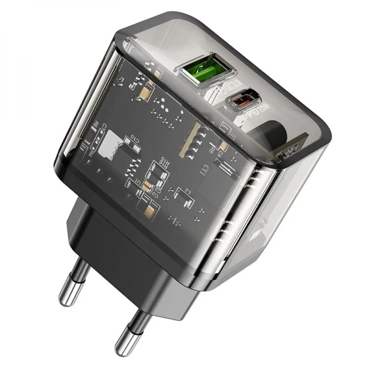Зарядний пристрій HOCO N34 Dazzling dual-port PD20W+QC3.0 charger Transparent Black