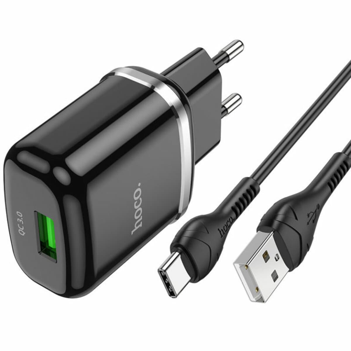 Зарядное устройство HOCO N3 Special single USB port QC3.0 charger set USB to Type-C cable 18W Black