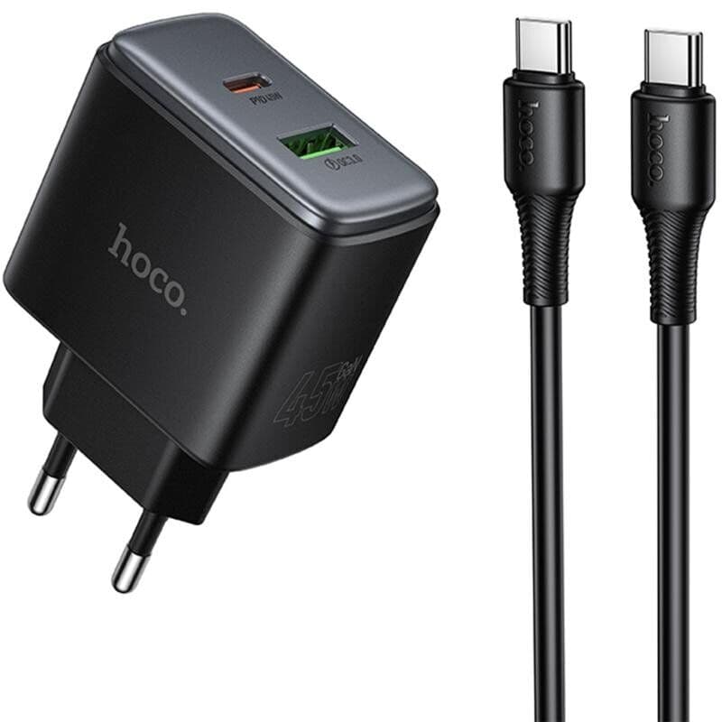 Зарядний пристрій з кабелем HOCO C158A Upgrade PD45W 1xType-C 1xUSB charger EU Black