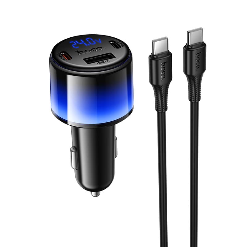 Автомобільний зарядний пристрій HOCO Z69A Vivido PD37W 2xType-C 1xUSB car charger with digital display set Type-C cable Black