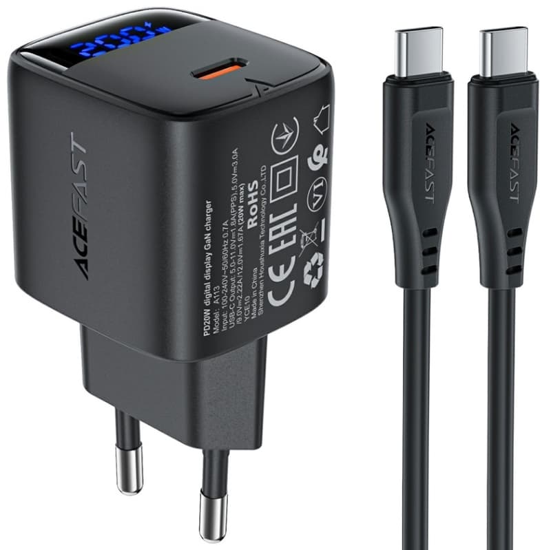 Зарядний пристрій Acefast A113 1xType-C 20W Gan Fast Charger + USB-C cable with digital display Black