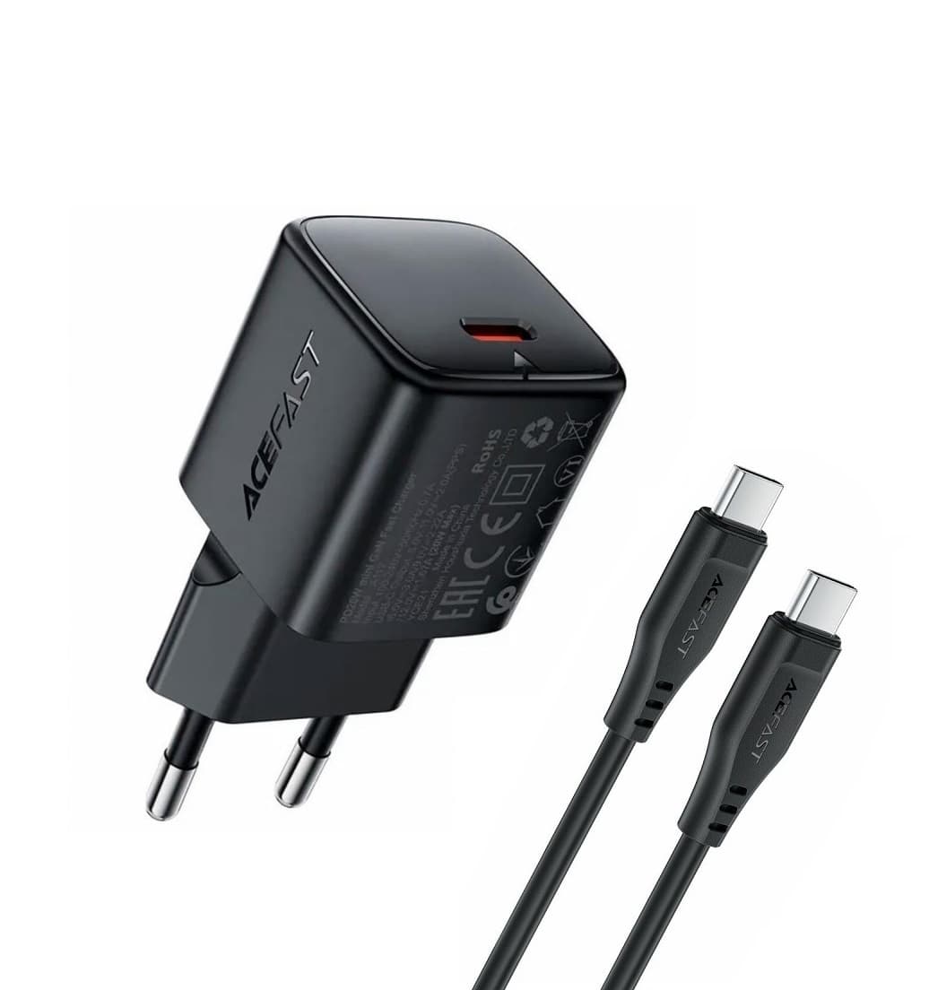 Зарядное устройство с кабелем ACEFAST A117 PD20W mini GaN fast charger Type-C to Type-C set P16 Black