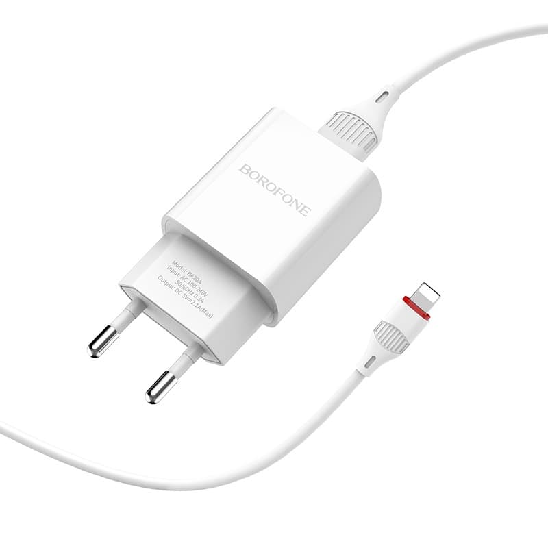 Зарядное устройство с кабелем BOROFONE BA20A Sharp single port charger set 2.1A USB to Lightning 10.5W White