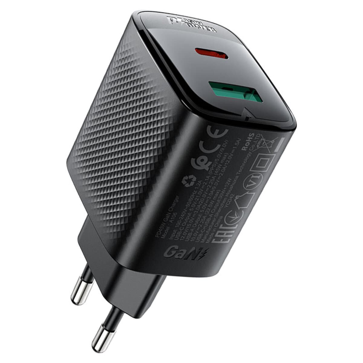 Зарядний пристрій ACEFAST A106 PD45W GaN 1xType-C 1xUSB charger EU Black