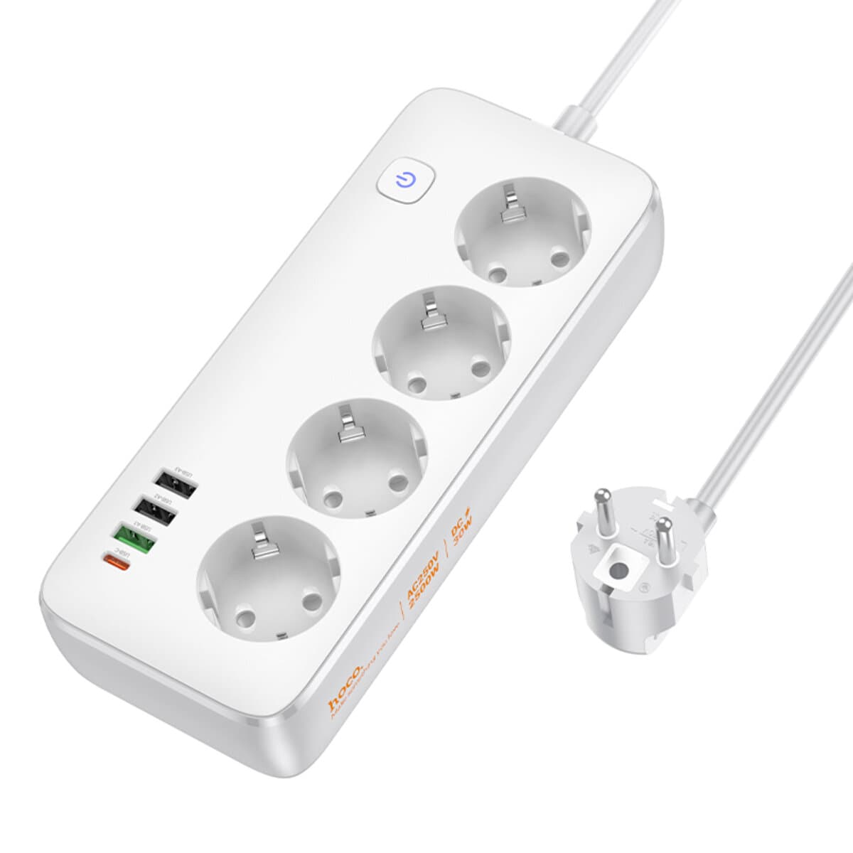 Мережевий подовжувач HOCO AC22 Sunlight 4 розетки PD30W 1xType-C 3xUSB desktop socket EU 1.5m White