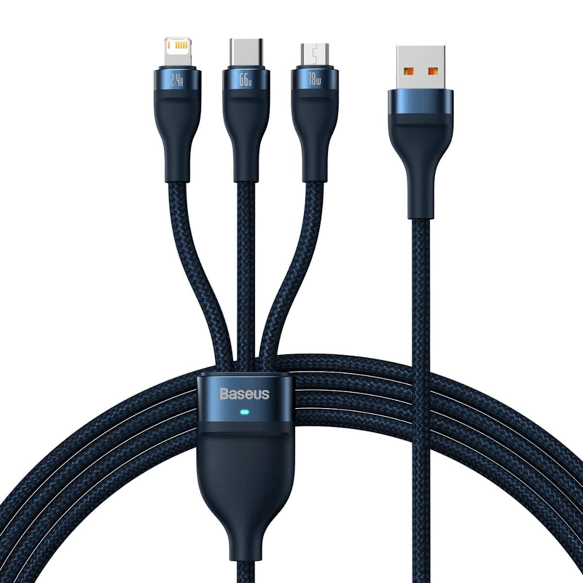 Кабель Baseus Flash Series Ⅱ One-for-three Fast Charging Data Cable USB to Micro-USB+Lightning+Type-C 66W 1.2m Blue (CASS040003)