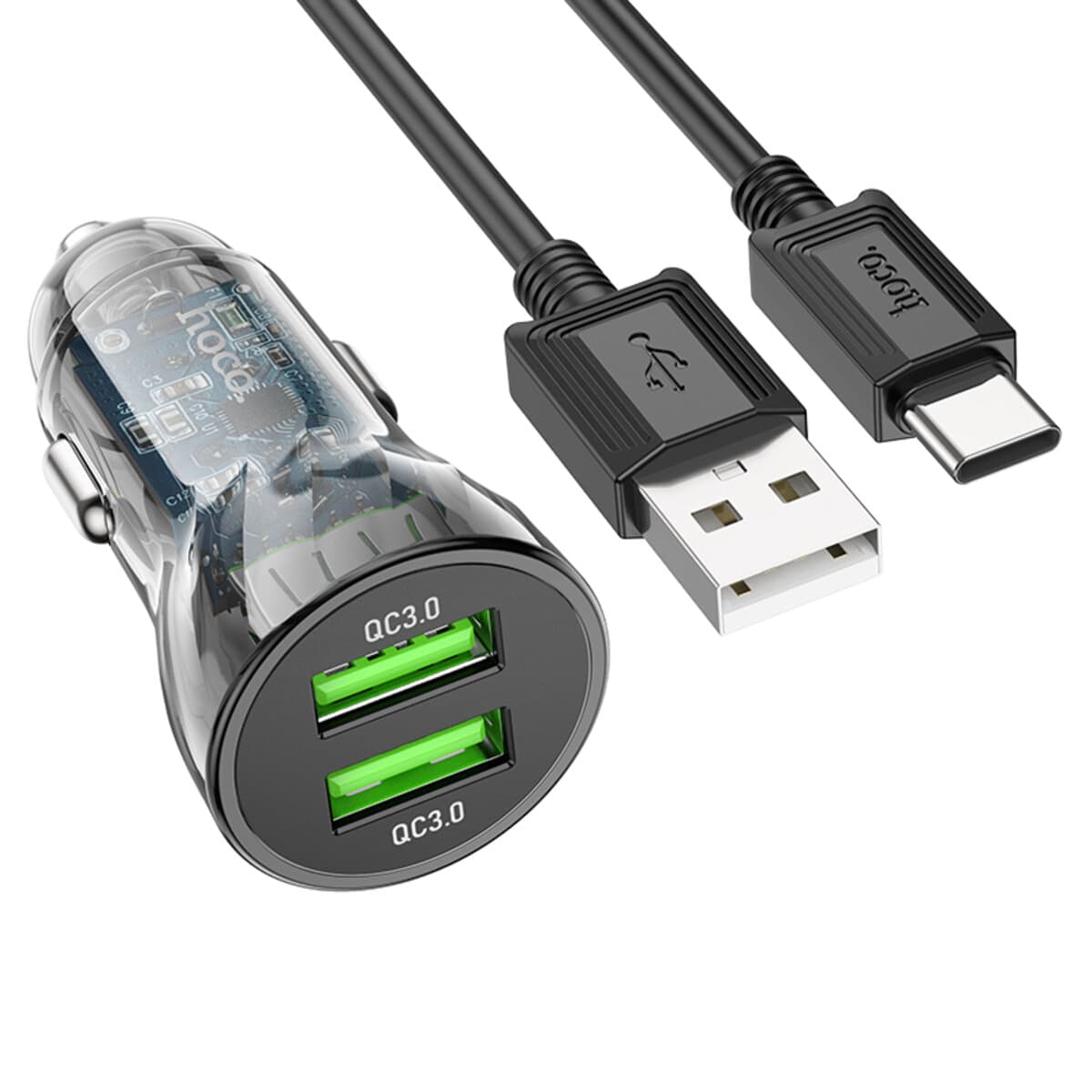 Автомобильное зарядное устройство HOCO Z47 2xUSB Transparent Discovery Edition QC3.0 18W USB to Type-C cable Black