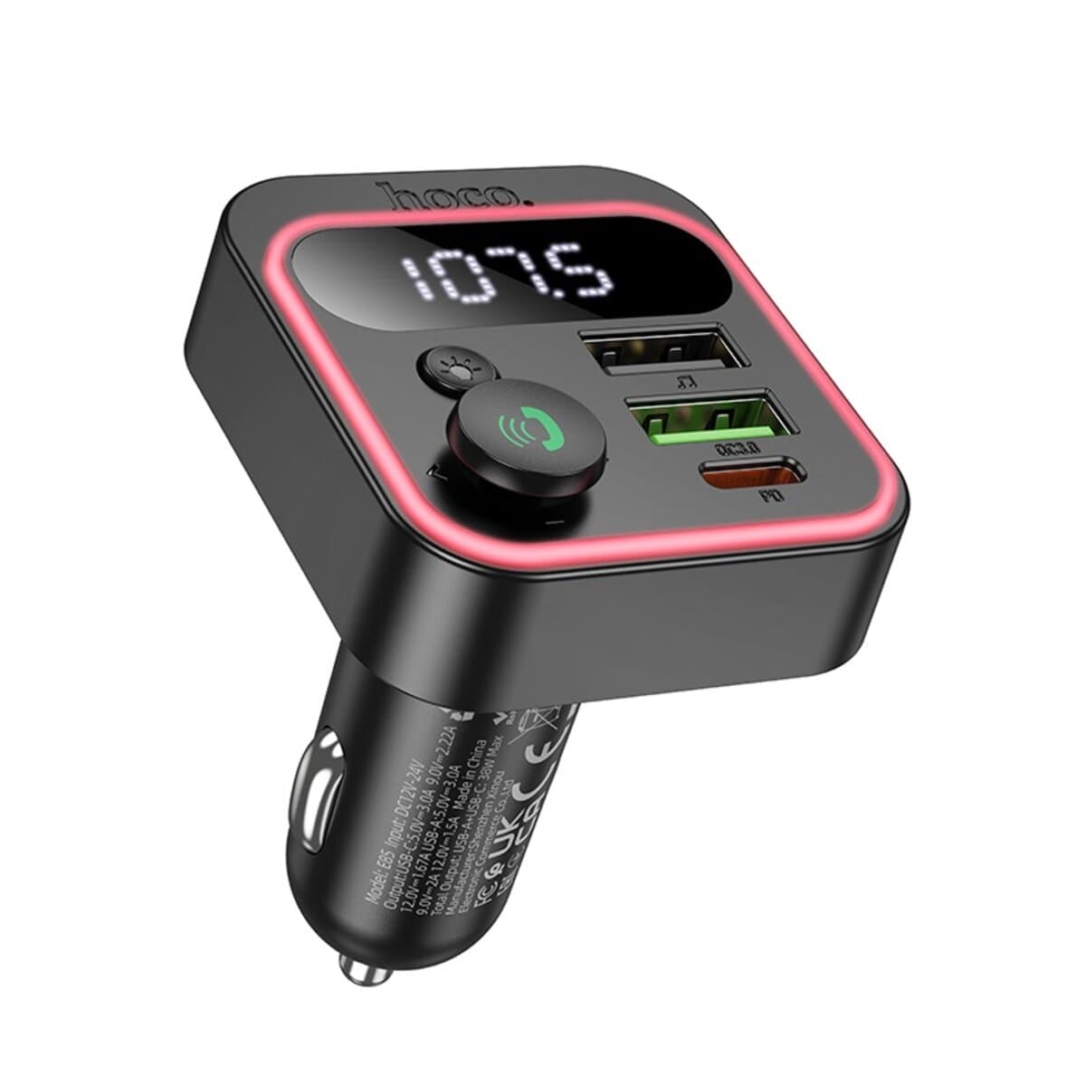Автомобильный FM-трансмиттер ресивер HOCO E85 Tiger PD20W+QC3.0 car BT FM transmitter Black