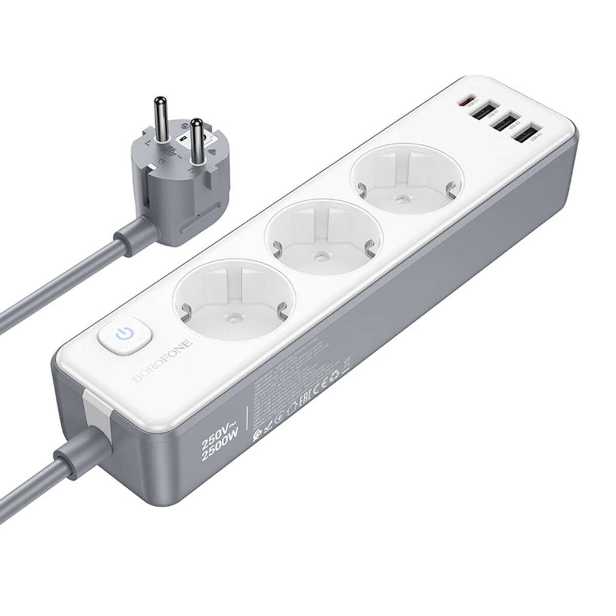 Сетевой удлинитель BOROFONE BAC9 Power 3 розетки PD20W 1xType-C 3xUSB EU 3m White