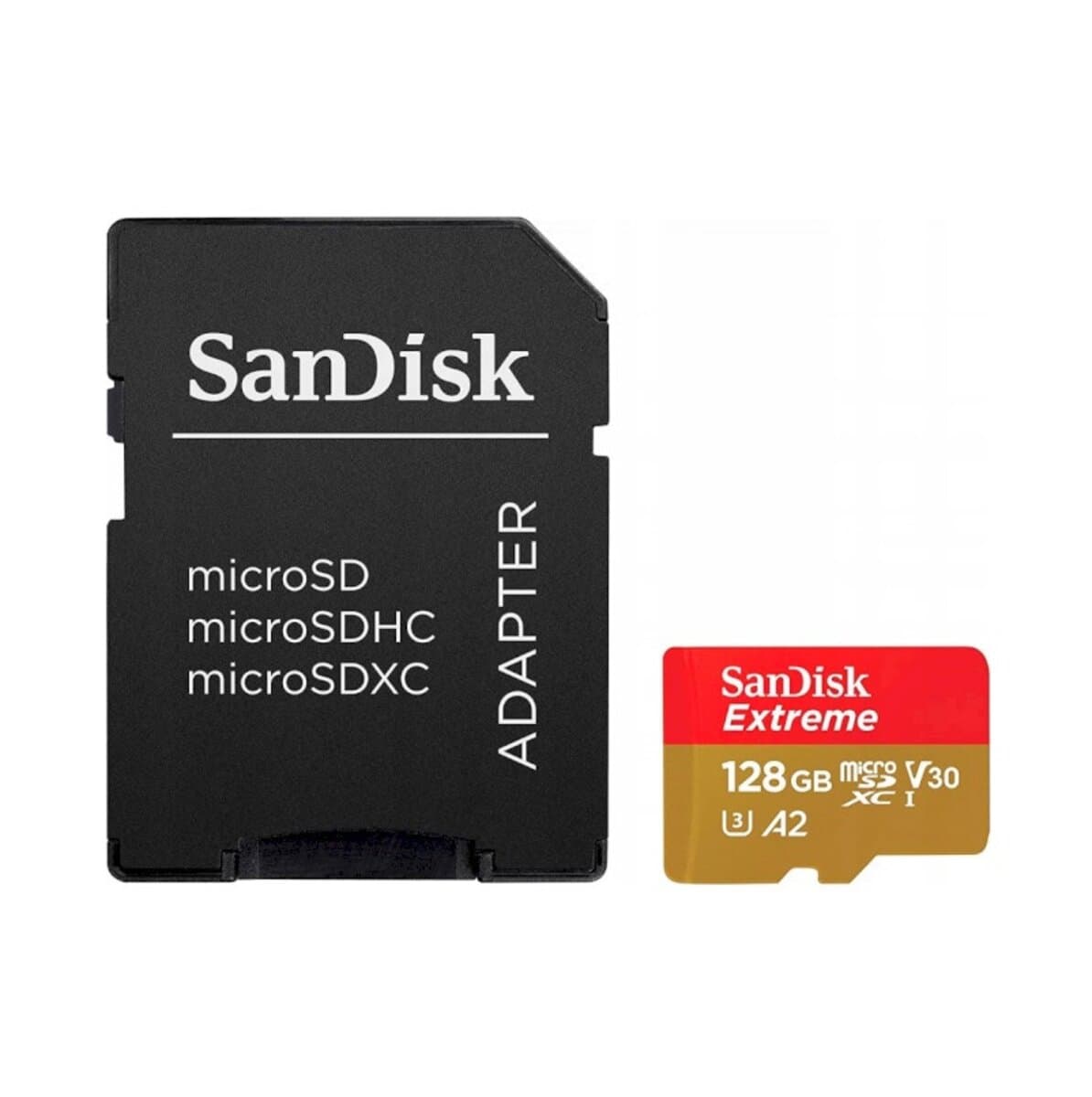 Карта пам'яті SanDisk Extreme microSDXC UHS-1 U3 для функцій Cams and Drones A2 128Gb class 10 V30 R190MB/s W90MB/s adapter (SDSQXAA-128G-GN6AA)