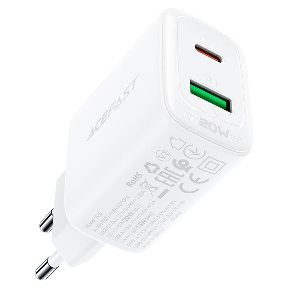 Зарядний пристрій ACEFAST A25 PD20W Type-C+USB dual port charger White (AFA25W)