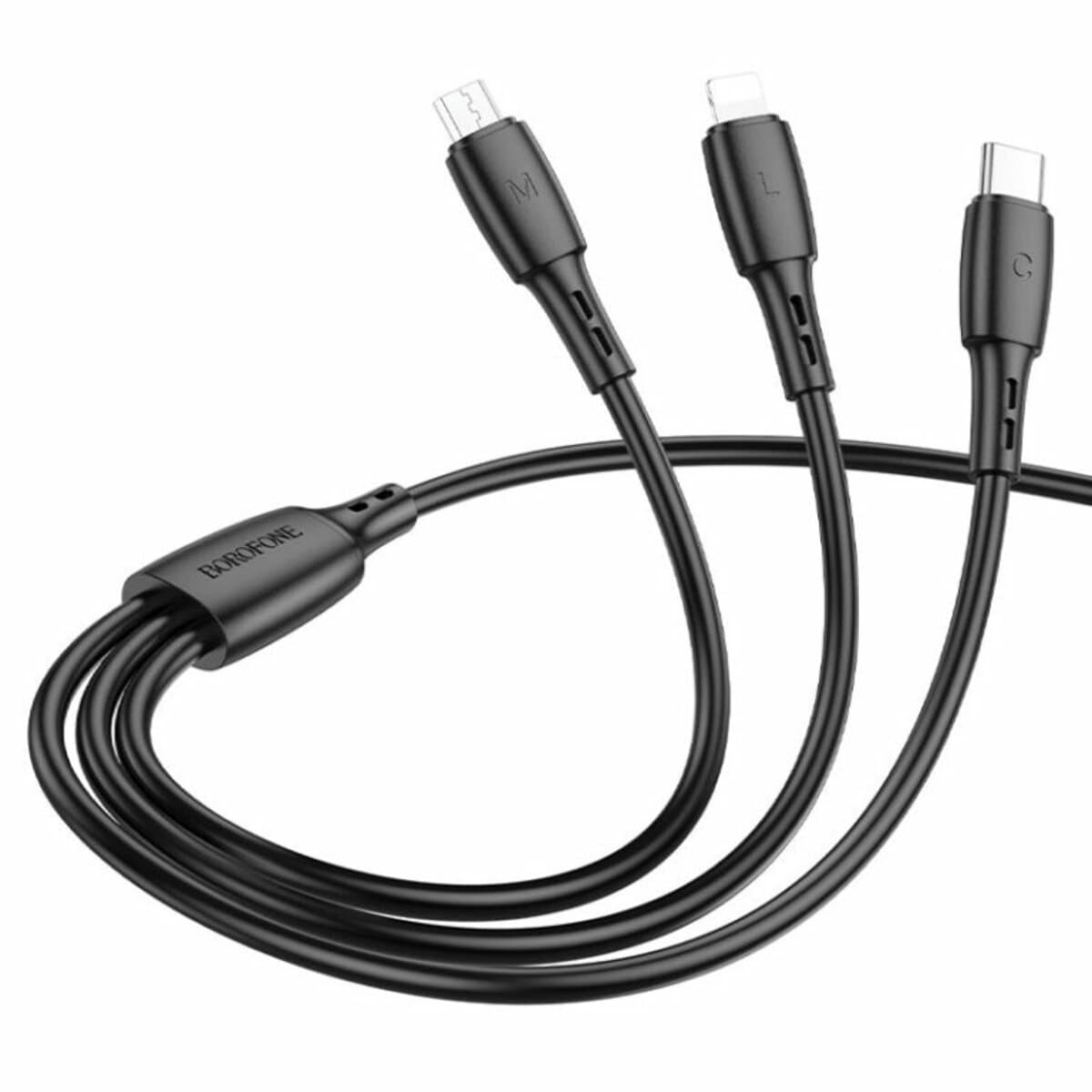 Кабель BOROFONE BX71 USB to Lightning+Type-C+MicroUSB 2A 1m PVC connectors Black (BX71B)