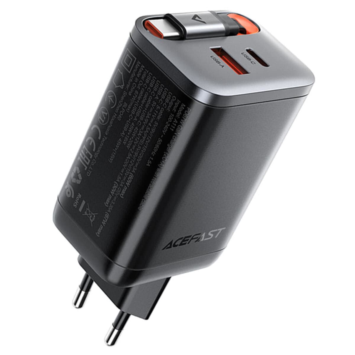 Зарядний пристрій ACEFAST A111 PD67W GaN charger 2xType-C 1xUSB with retractable cable Black