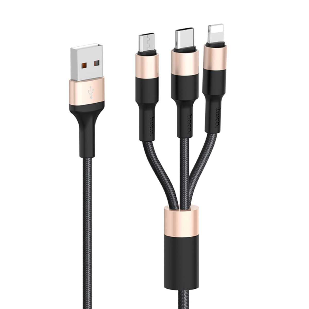 Кабель HOCO X26 USB to Lightning+Type-C+Micro-USB 2A 1m nylon aluminum connectors Black-Gold