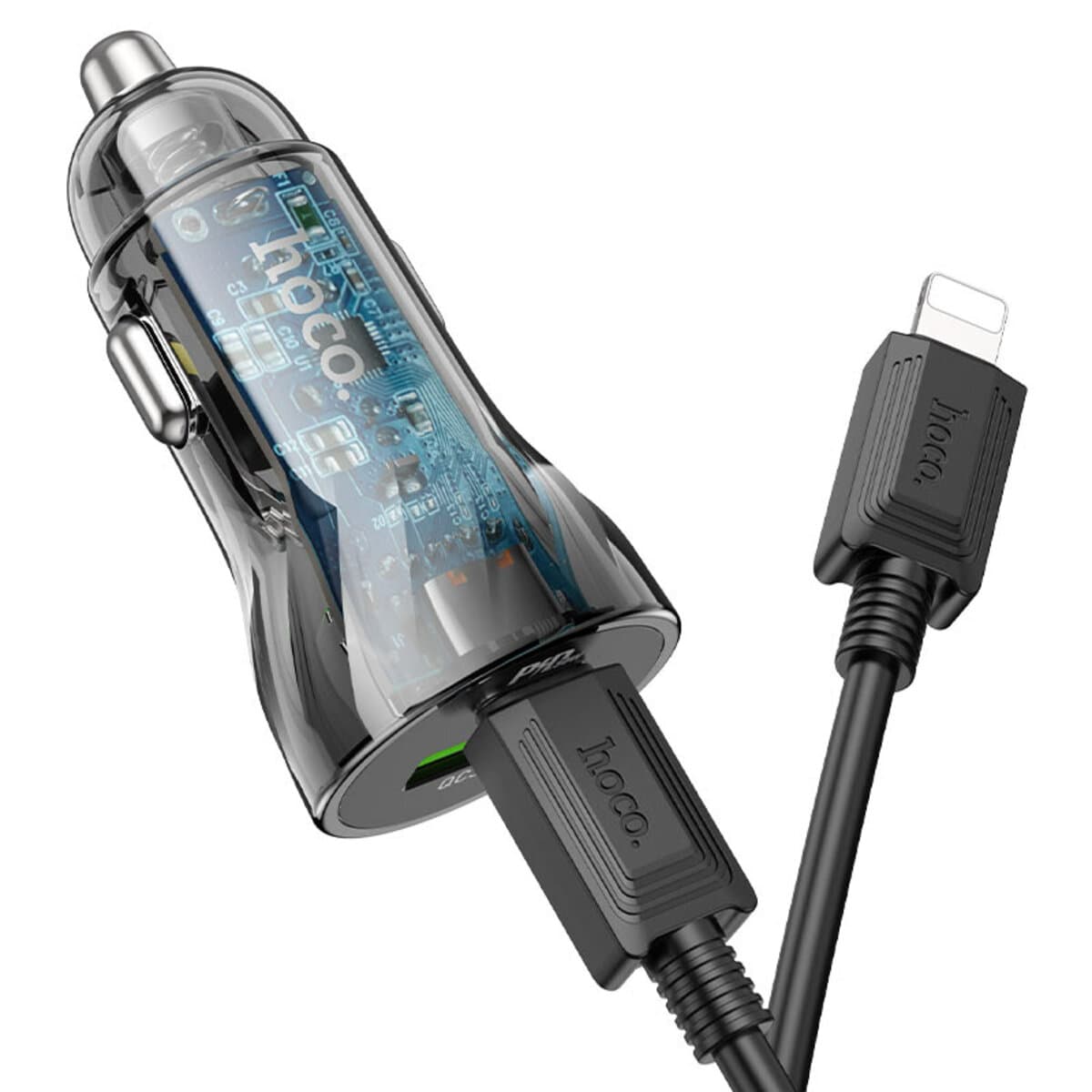 Автомобильное зарядное устройство HOCO Z47A Discovery Edition Dual port PD30W+QC3.0 Car Charger Set Type-C to Lightning cable Transparent Black