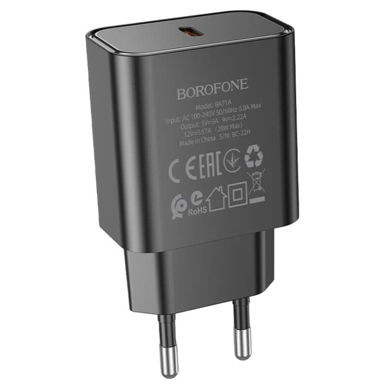 Зарядное устройство BOROFONE BA71A Power single Port PD20W charger 1xType-C 1.67A Black