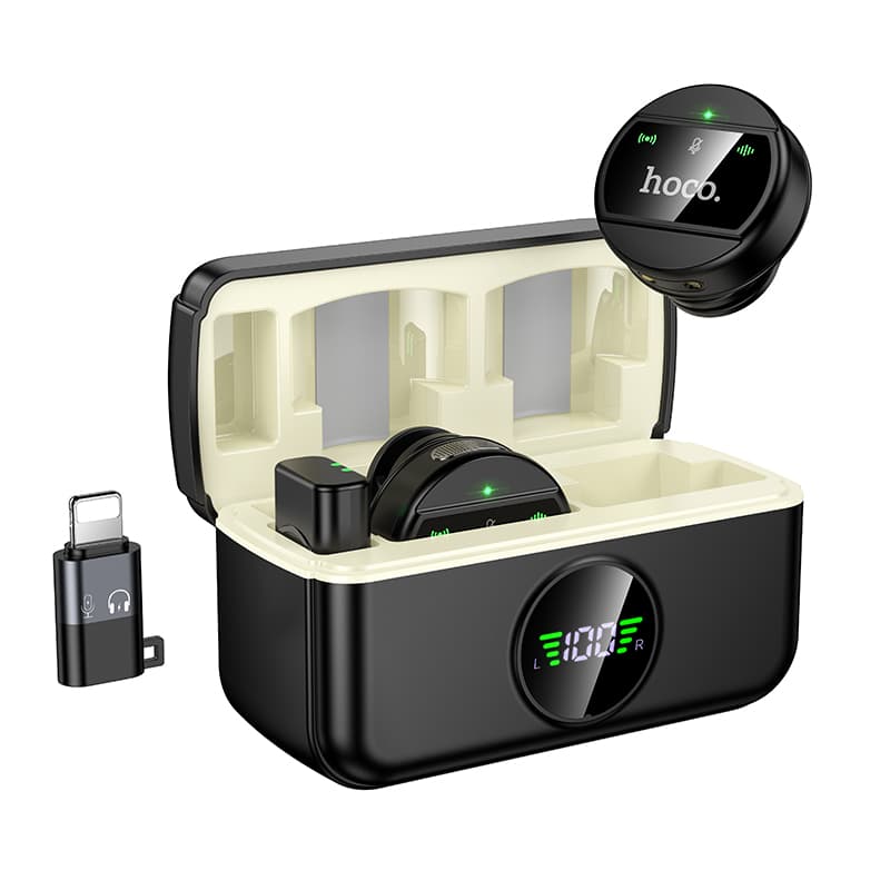 Комплект бездротових петличних мікрофонів HOCO L22 Bright dual-mic Lightning/Type-C Black