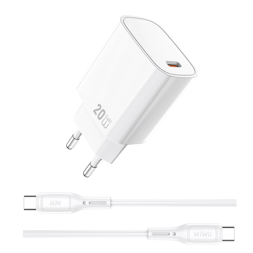 Зарядное устройство с кабелем WIWU 20W Essen GaN Fast Charger+ Cable Combo Wi-G007 Type-C-Type-C EU White