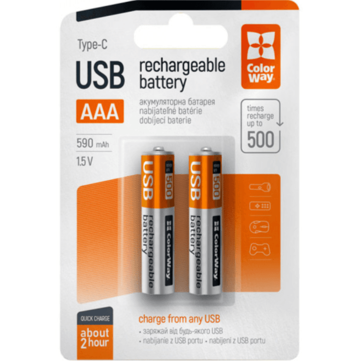 Аккумулятор с разъемом для зарядки ColorWay AAA/LR03 Type-C 590 mAh 1.5В Li-Polymer 2шт (CW-UBAAA-09)