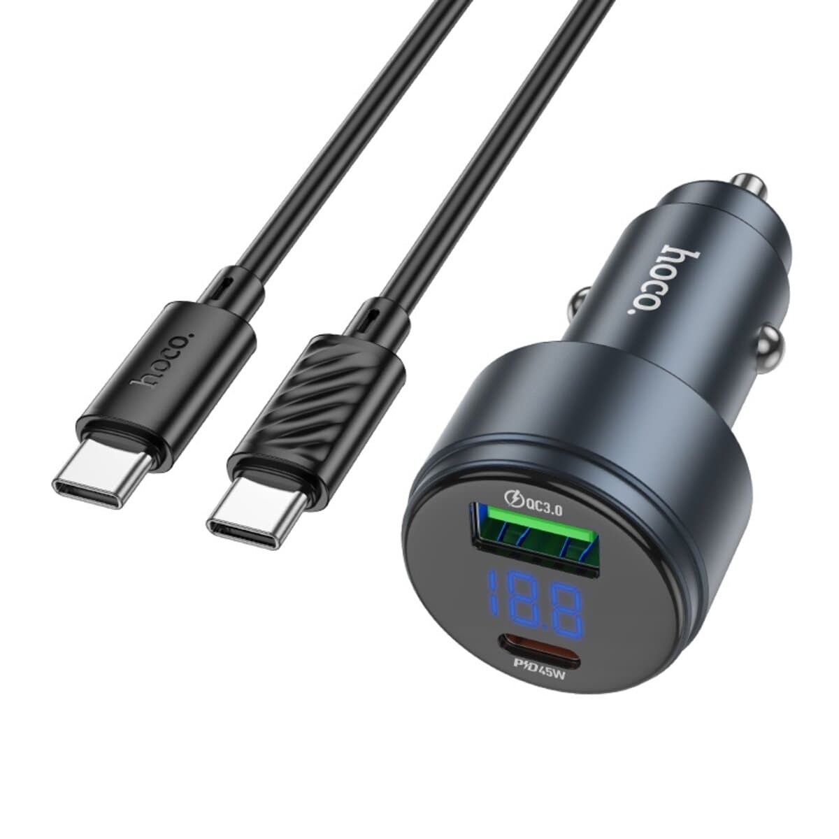 Автомобильное зарядное устройство HOCO Z57B Glorious 63W dual-port digital display PD45W+QC3.0 car charger set Type-C to Type-C cable Metal Grey