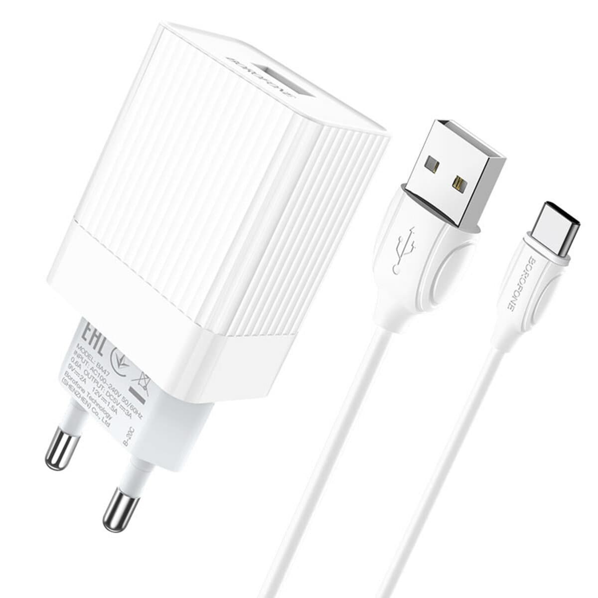 Зарядний пристрій BOROFONE BA47A Mighty speed single port QC3.0 3A USB to Type-C cable 18W White