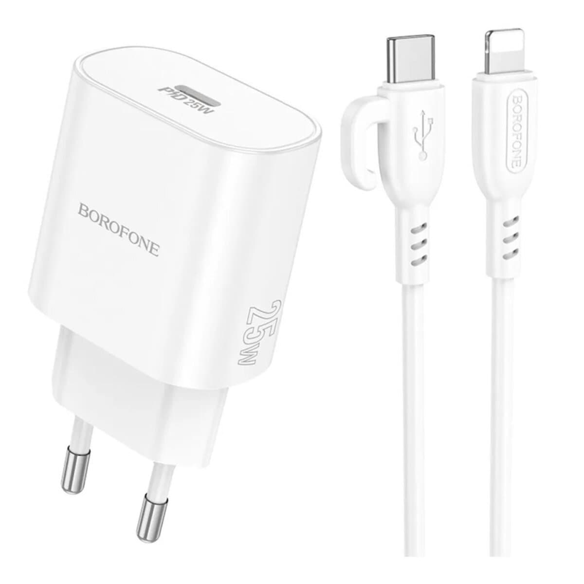 Зарядний пристрій BOROFONE BA82A Platinum single port PD25W charger set Type-C to Lightning cable EU White